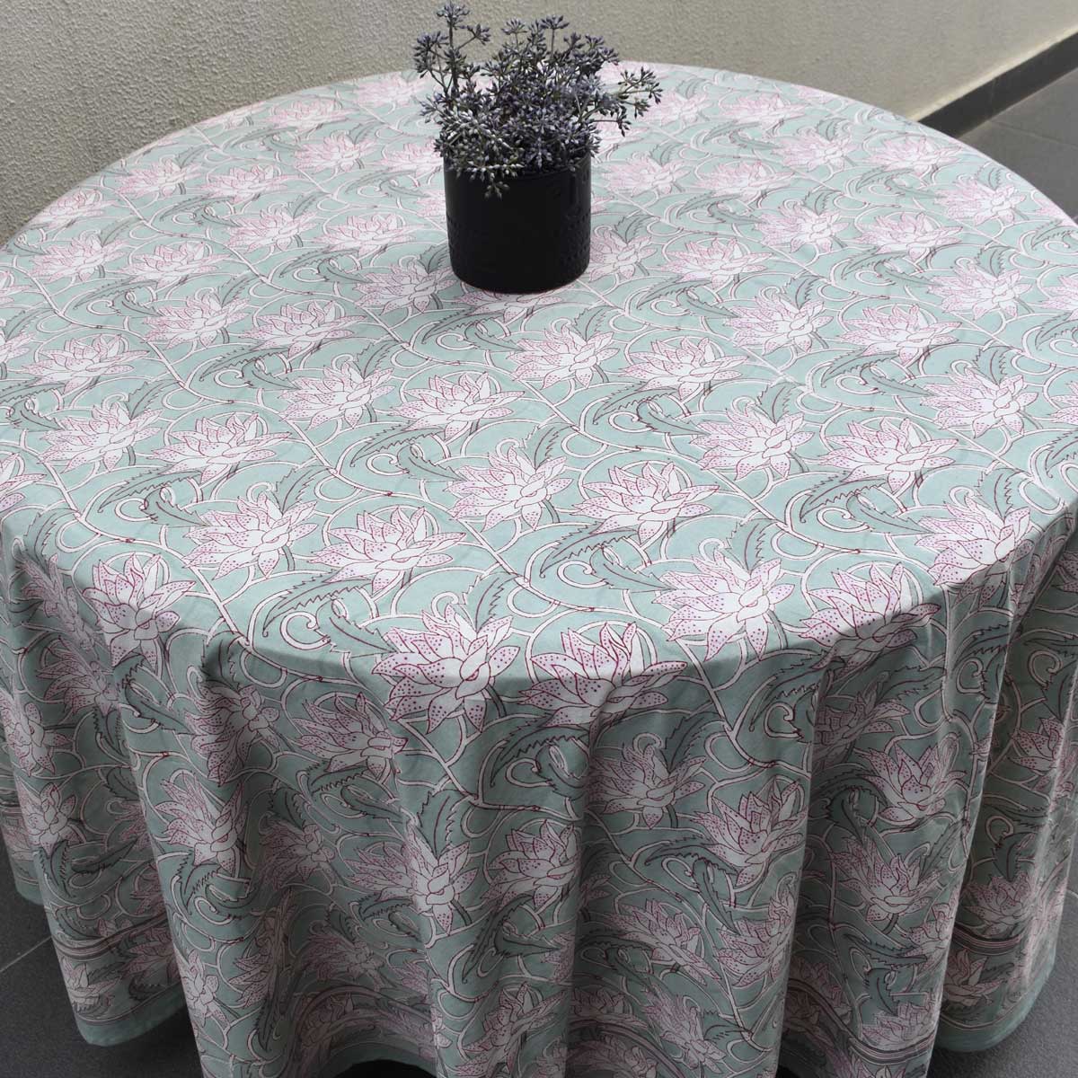 Hand Block Printed Cotton Round Tablecloth 275 cms Japan Lotus Green 202501