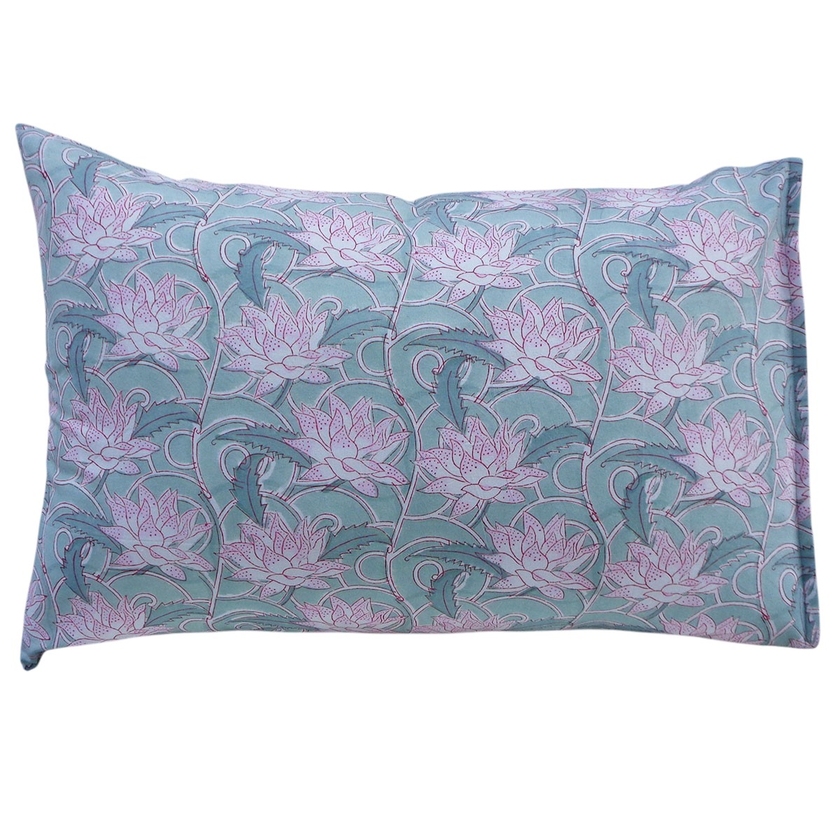 Hand Block Printed Cotton Pillows Cover 50x70 cm Set of 2 Japan Lotus Green 202501