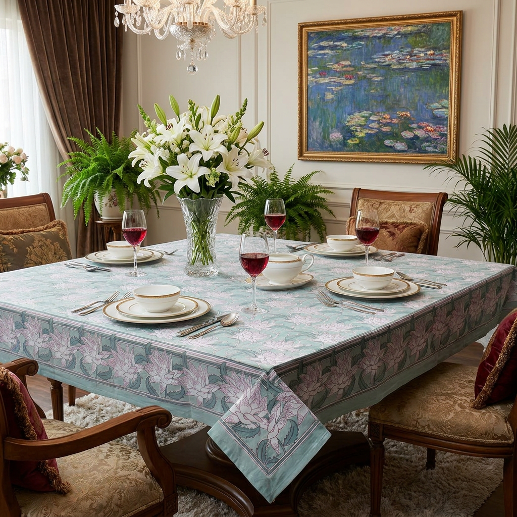 12 Seater Tablecloth 180x340 cms Japan Lotus Green 202501