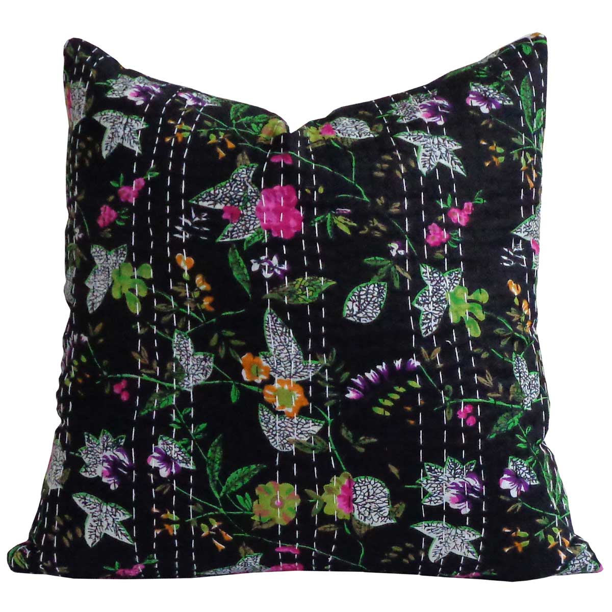 Tropical Design Hand Embroidered Kantha Cushion Jungle Black 105546