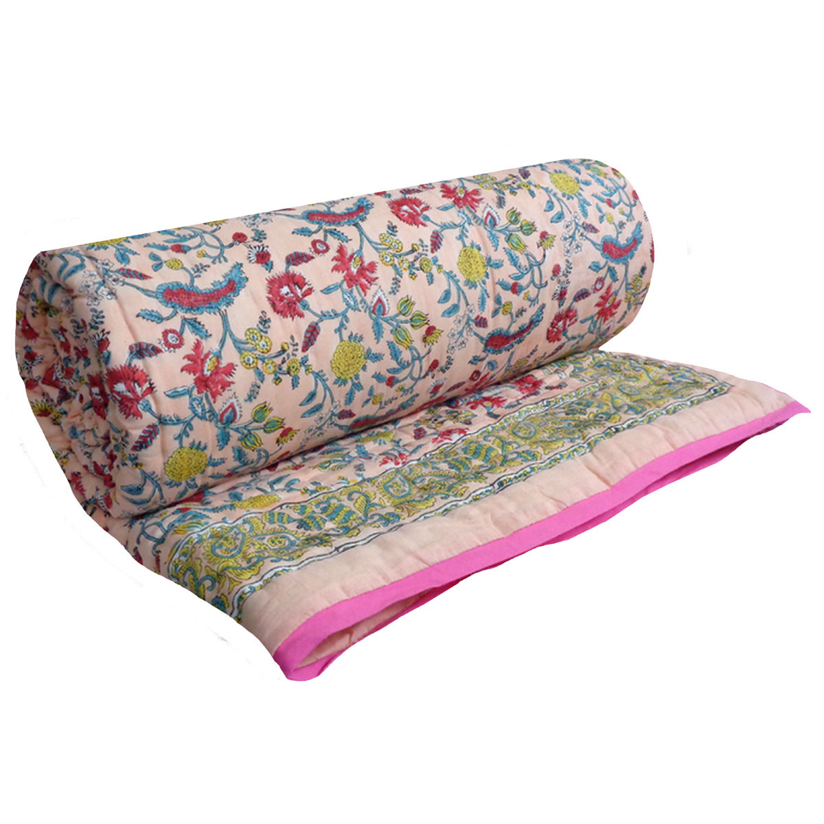 Hand Block Printed Cotton Queen Size Quilt  Jungle Flower Peach 501074