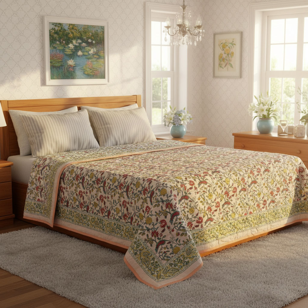 Hand Block Printed Cotton Queen Size Quilt Jungle Flower Peach 501074