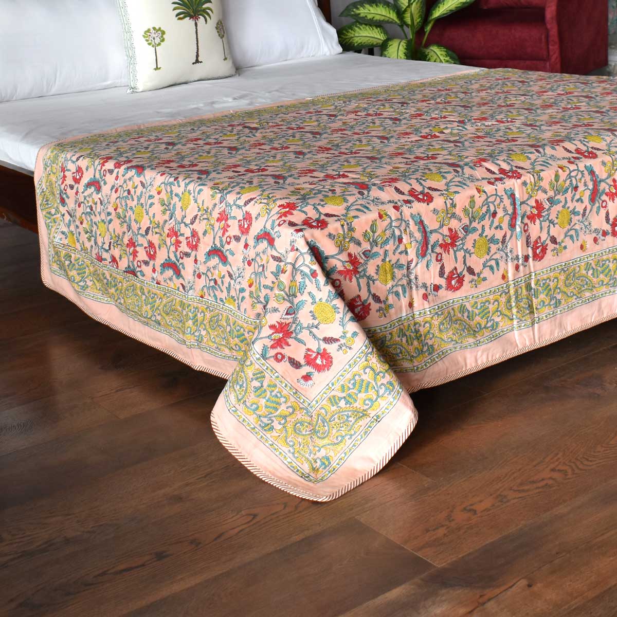 Hand Block Printed Cotton Twin Size Dohar Jungle Flower Peach 501074
