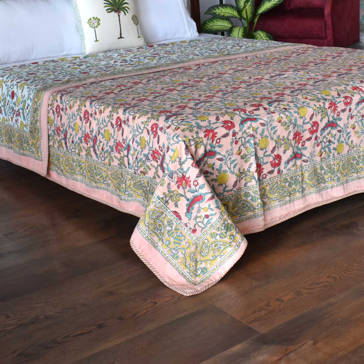 Indian Hand Block Printed Cotton Dohar Queen Size Jungle Flower Peach 501074