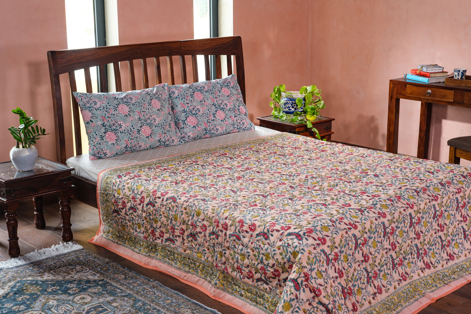 Hand Block Printed Cotton Queen Size Quilt Jungle Flower Peach 501074