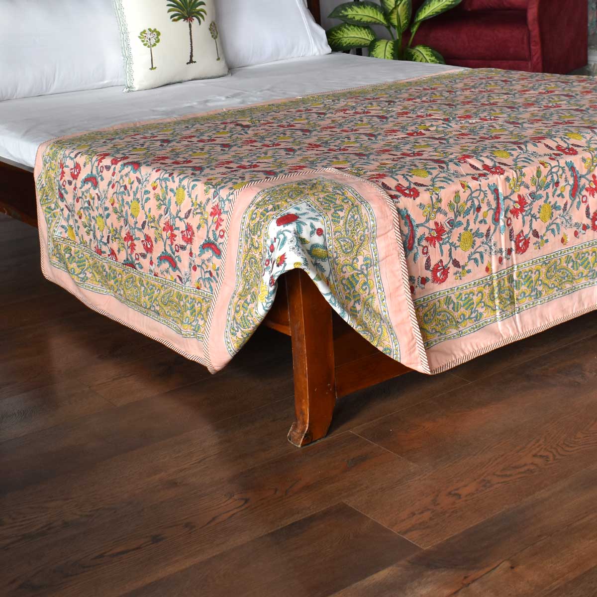 Hand Block Printed Cotton Twin Size Dohar  Jungle Flower Peach 501074