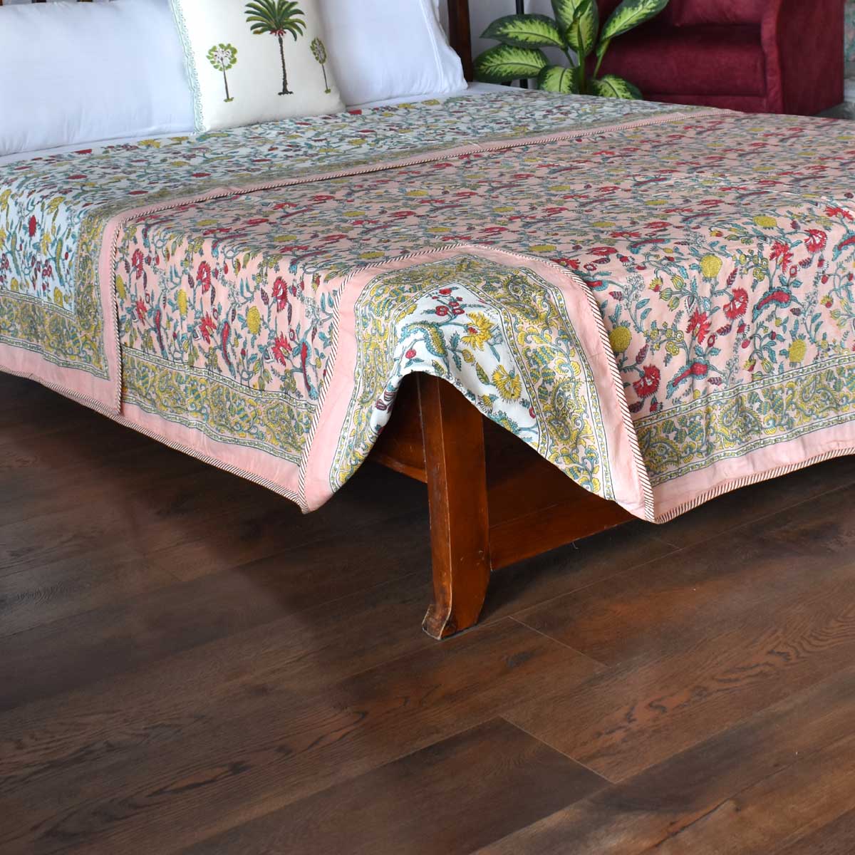 Indian Hand Block Printed Cotton Dohar Queen Size Jungle Flower Peach 501074