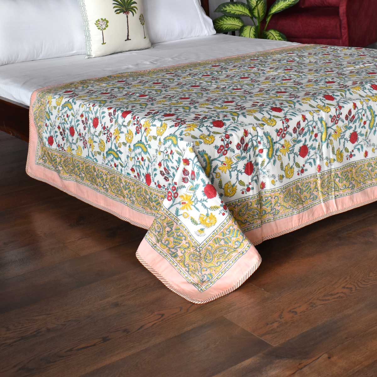 Hand Block Printed Cotton Twin Size Dohar  Jungle Flower Peach 501074