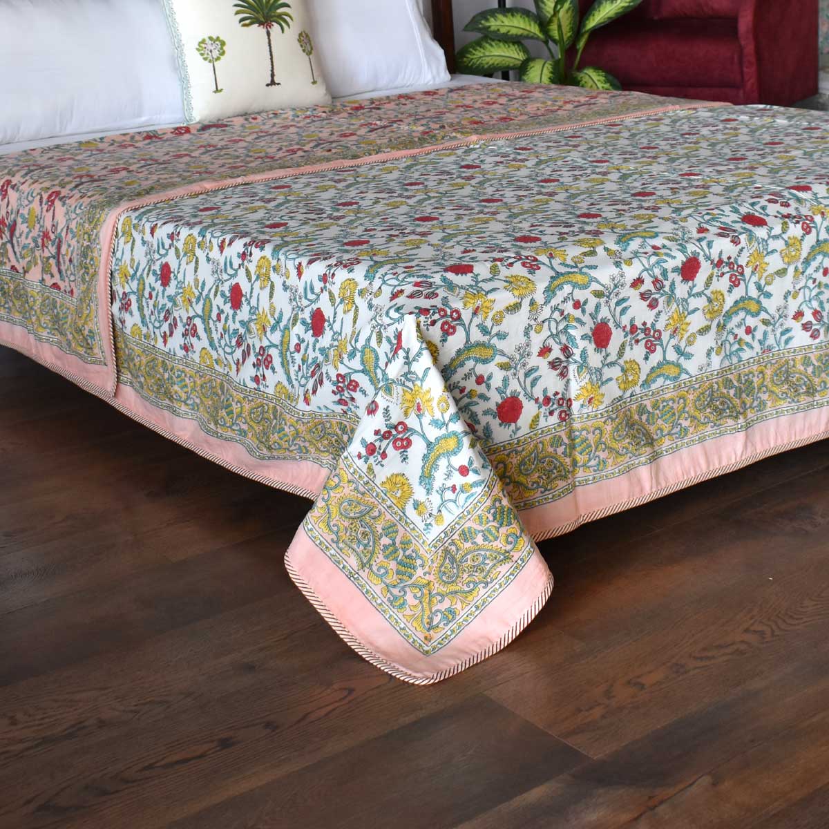 Indian Hand Block Printed Cotton Dohar Queen Size Jungle Flower Peach 501074