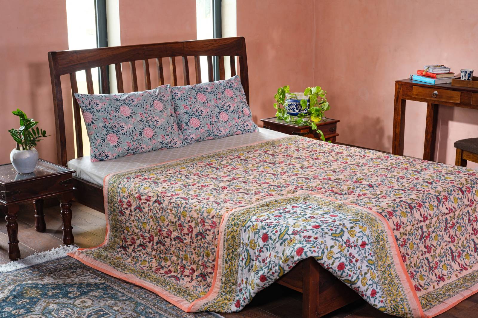 Hand Block Printed Cotton Queen Size Quilt Jungle Flower Peach 501074