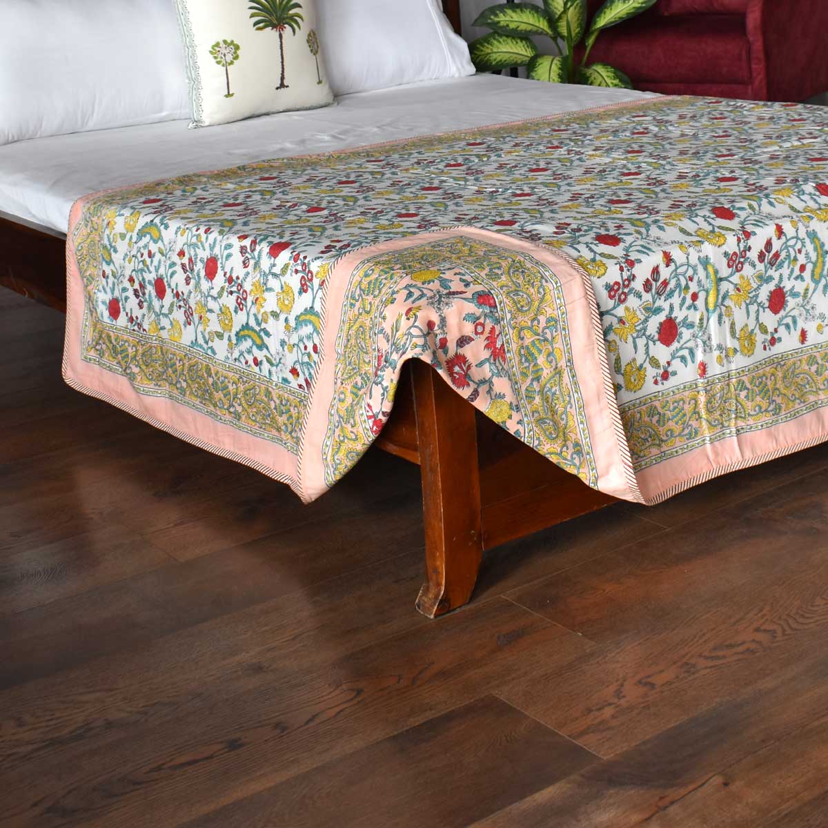 Hand Block Printed Cotton Twin Size Dohar  Jungle Flower Peach 501074