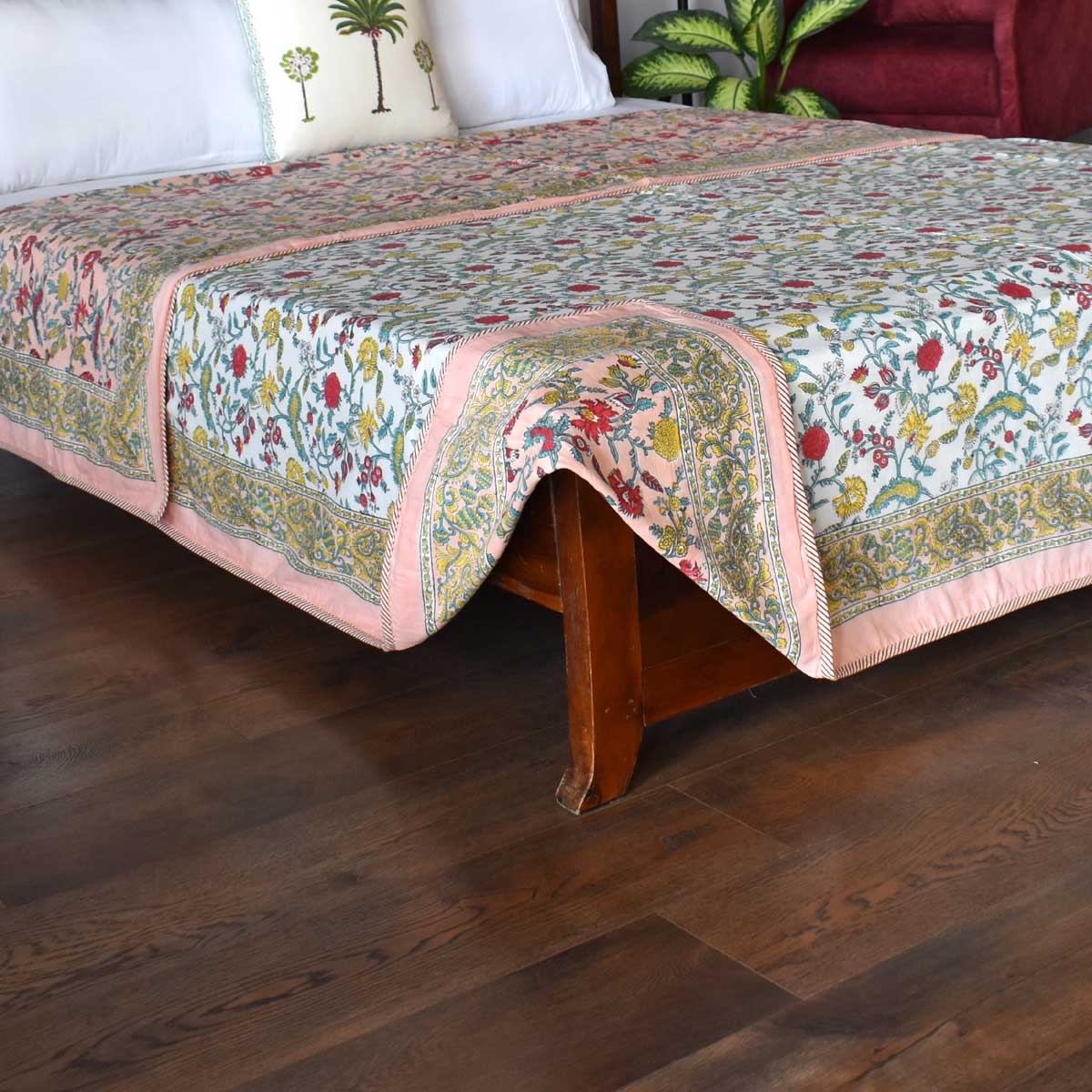 Indian Hand Block Printed Cotton Dohar Queen Size Jungle Flower Peach 501074