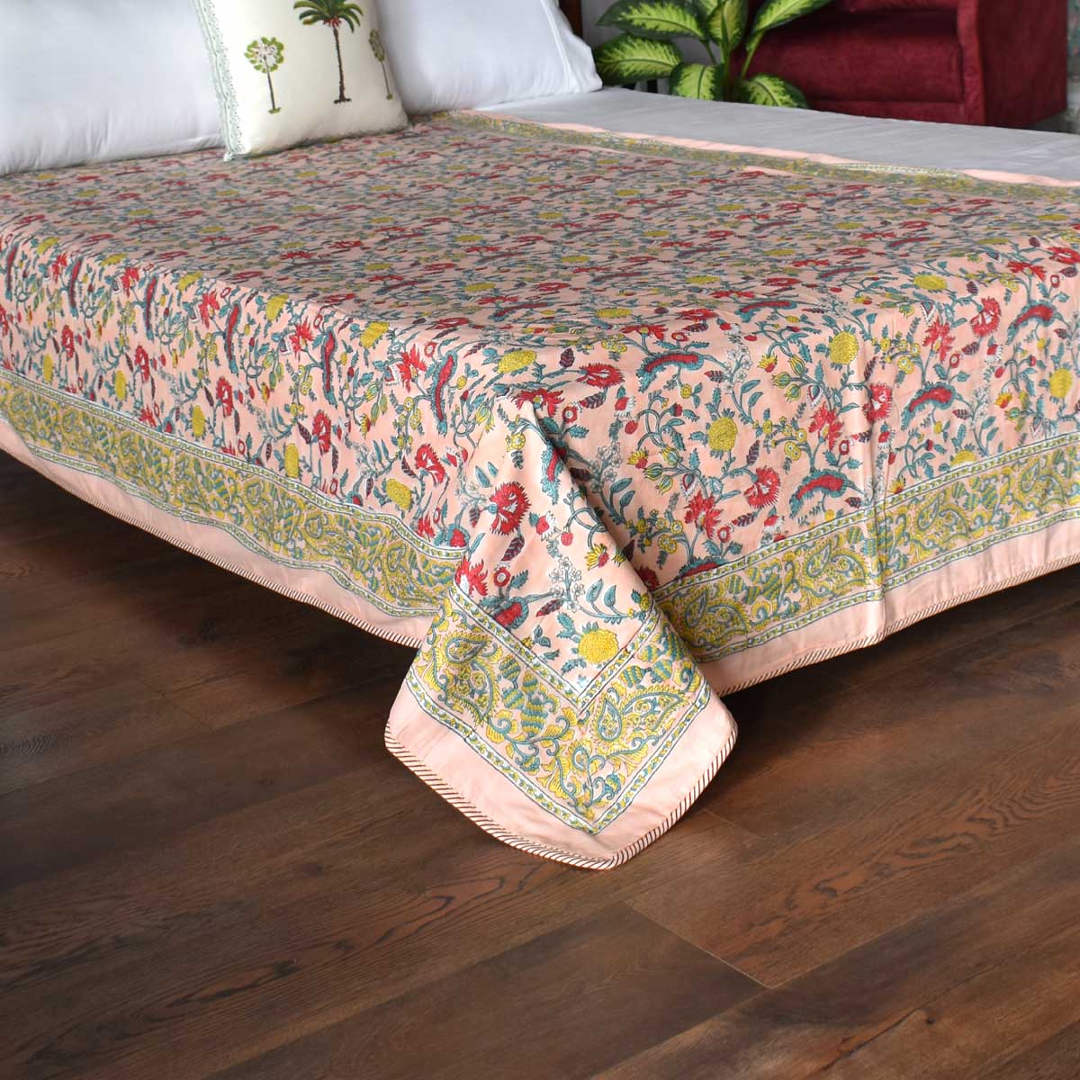 Hand Block Printed Cotton Twin Size Dohar  Jungle Flower Peach 501074