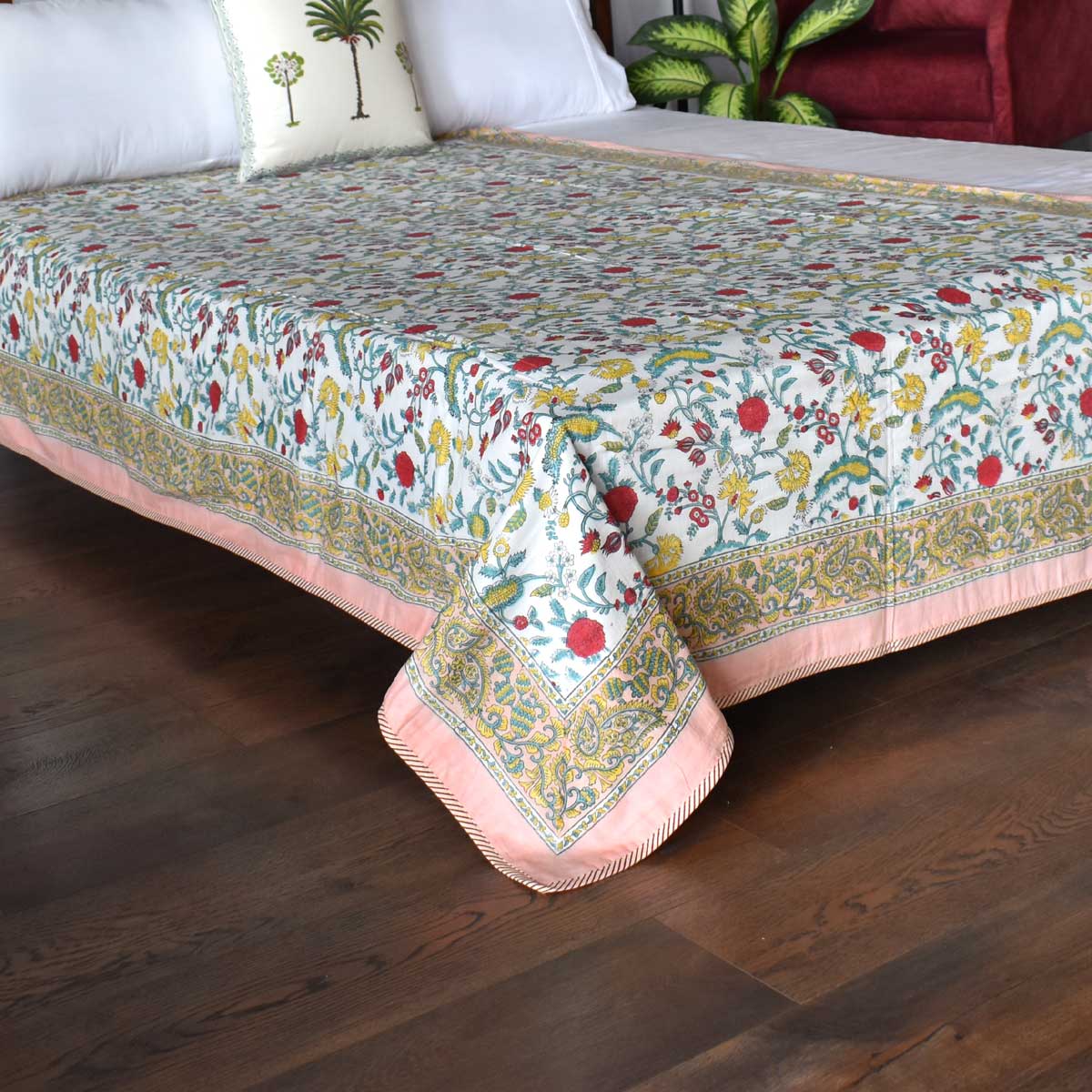 Hand Block Printed Cotton Twin Size Dohar  Jungle Flower Peach 501074