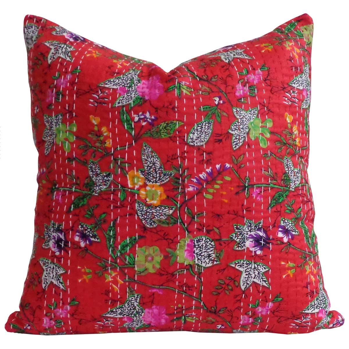 Tropical Design Hand Embroidered Kantha Cushion  Jungle Red 105538