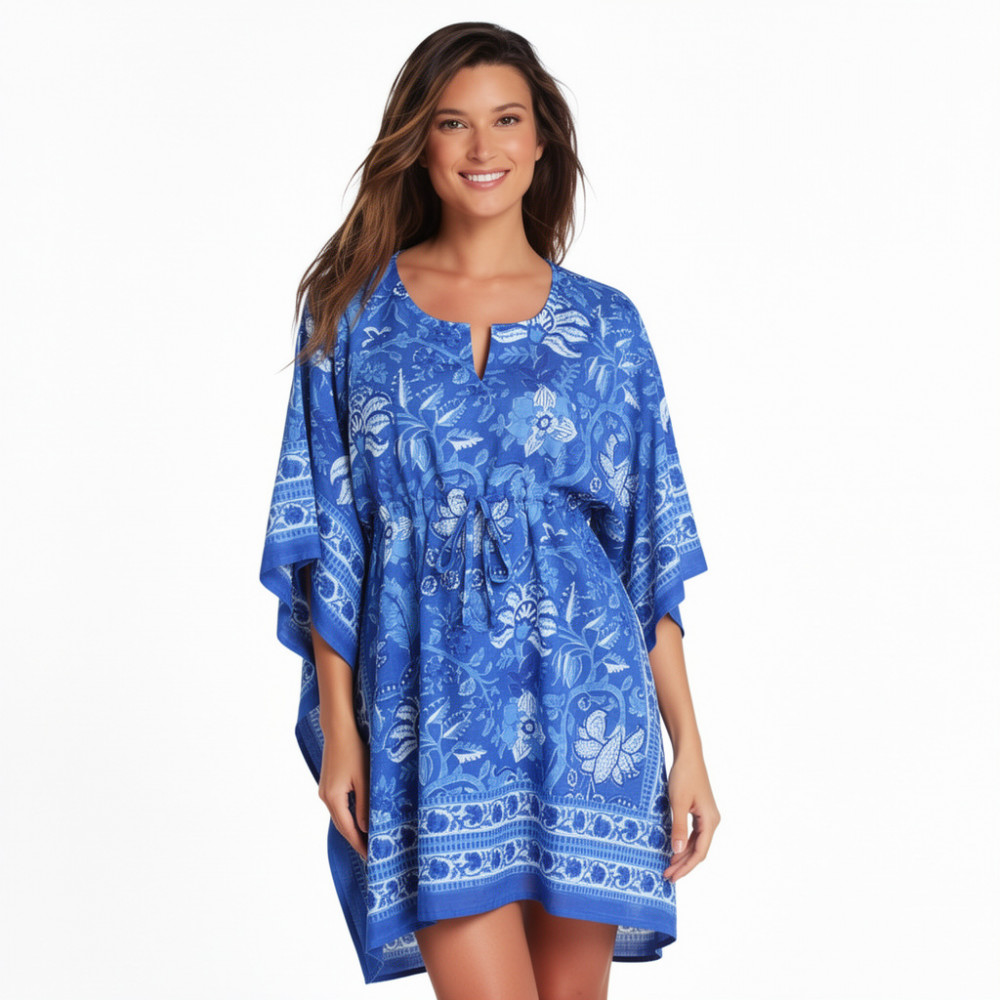 Image of String Kaftan Free Size Indian Block-Printed on Soft Cotton Voile | Anarkali Blue Gud 106797