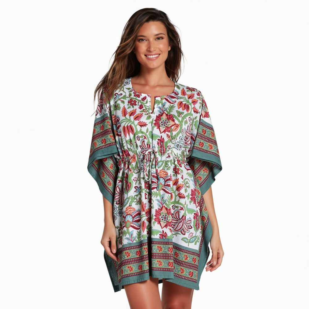 Image of String Kaftan Free Size Indian Block Printed on Soft Cotton Voile | Anarkali Green Open 106822