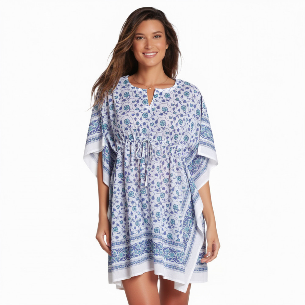 Image of String Kaftan Free Size Indian Block Printed on Soft Cotton Voile | Floral Kali Blue 203903