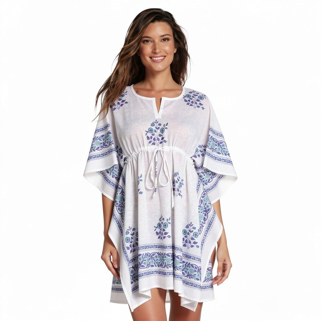 String Kaftan Free Size Indian Block Printed on Soft Cotton Voile Floral Kali Blue Boota 309470
