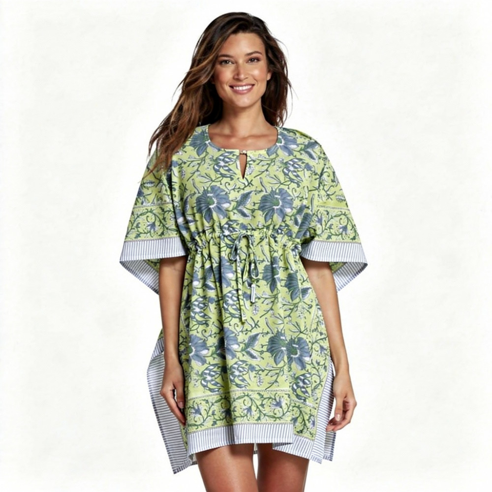 Image of String Kaftan Free Size Indian Block Printed on Soft Cotton Voile | Olive Flower Gud 602183