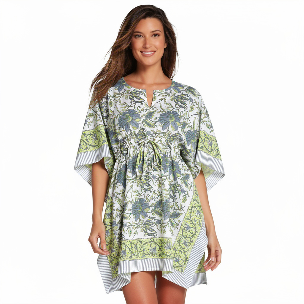 String Kaftan Free Size Indian Block Printed on Soft Cotton Voile Olive Flower Open 602178