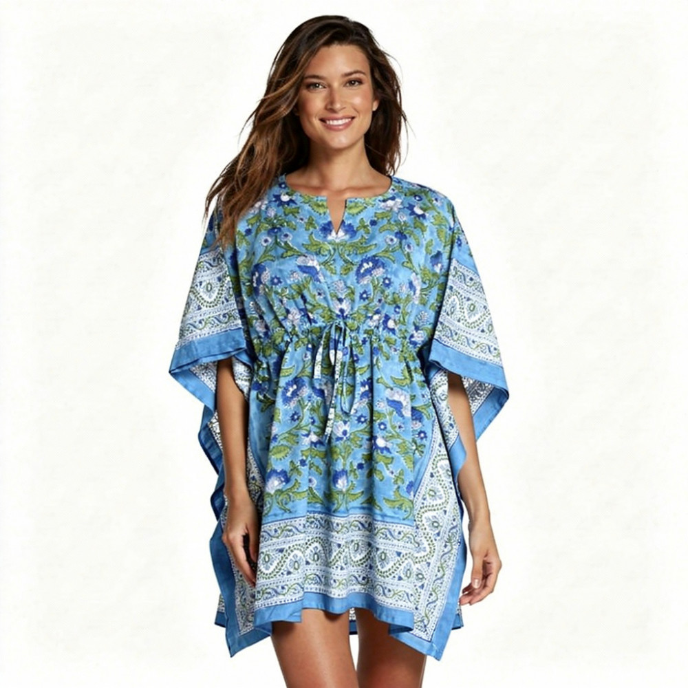 Image of String Kaftan Free Size Indian Block Printed on Soft Cotton Voile | Rukhsana Blue Gud 103736