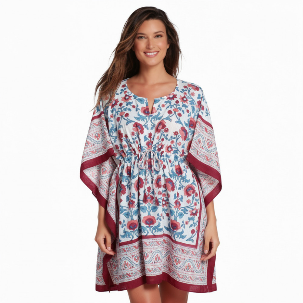 Image of String Kaftan Free Size Indian Block Printed on Soft Cotton Voile | Rukhsana Maroon Open 203945