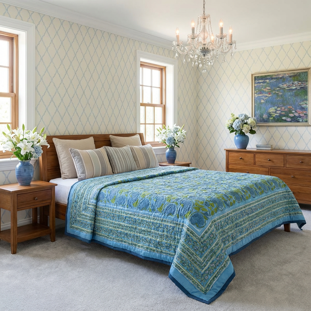 Hand Block Printed Cotton Twin Size Quilt Kamal Aqua 102028