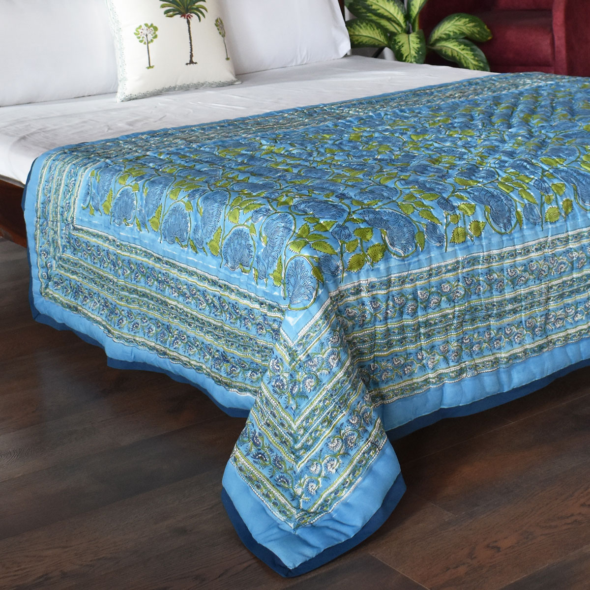 Hand Block Printed Cotton Twin Size Quilt Kamal Aqua 102028