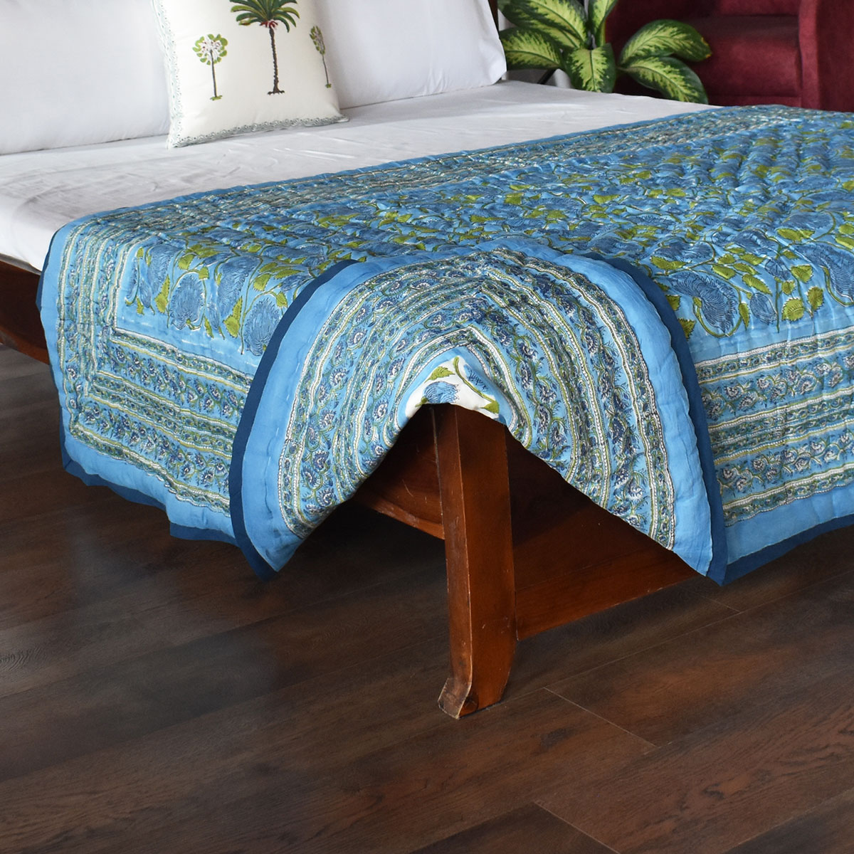 Hand Block Printed Cotton Twin Size Quilt Kamal Aqua 102028