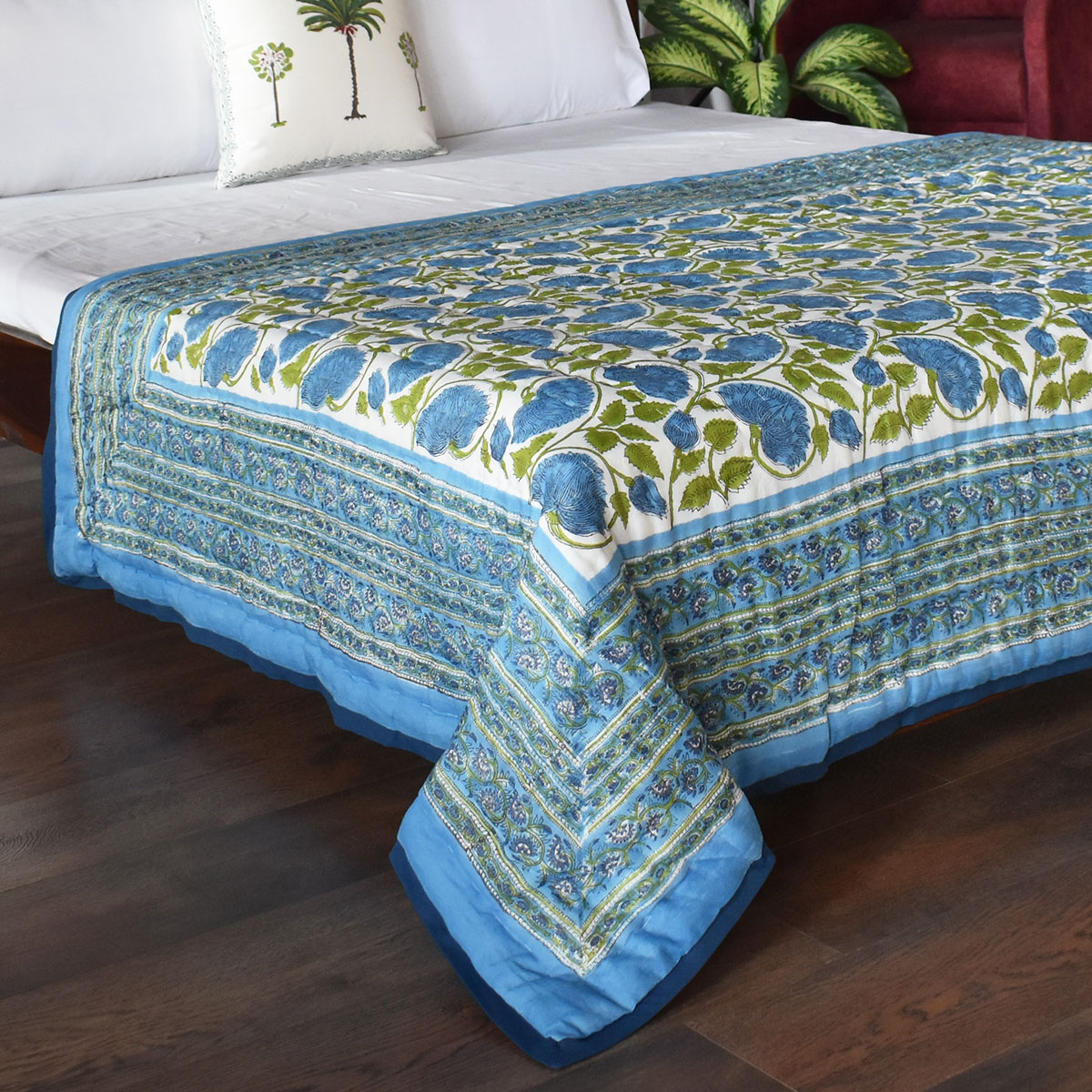 Hand Block Printed Cotton Twin Size Quilt Kamal Aqua 102028