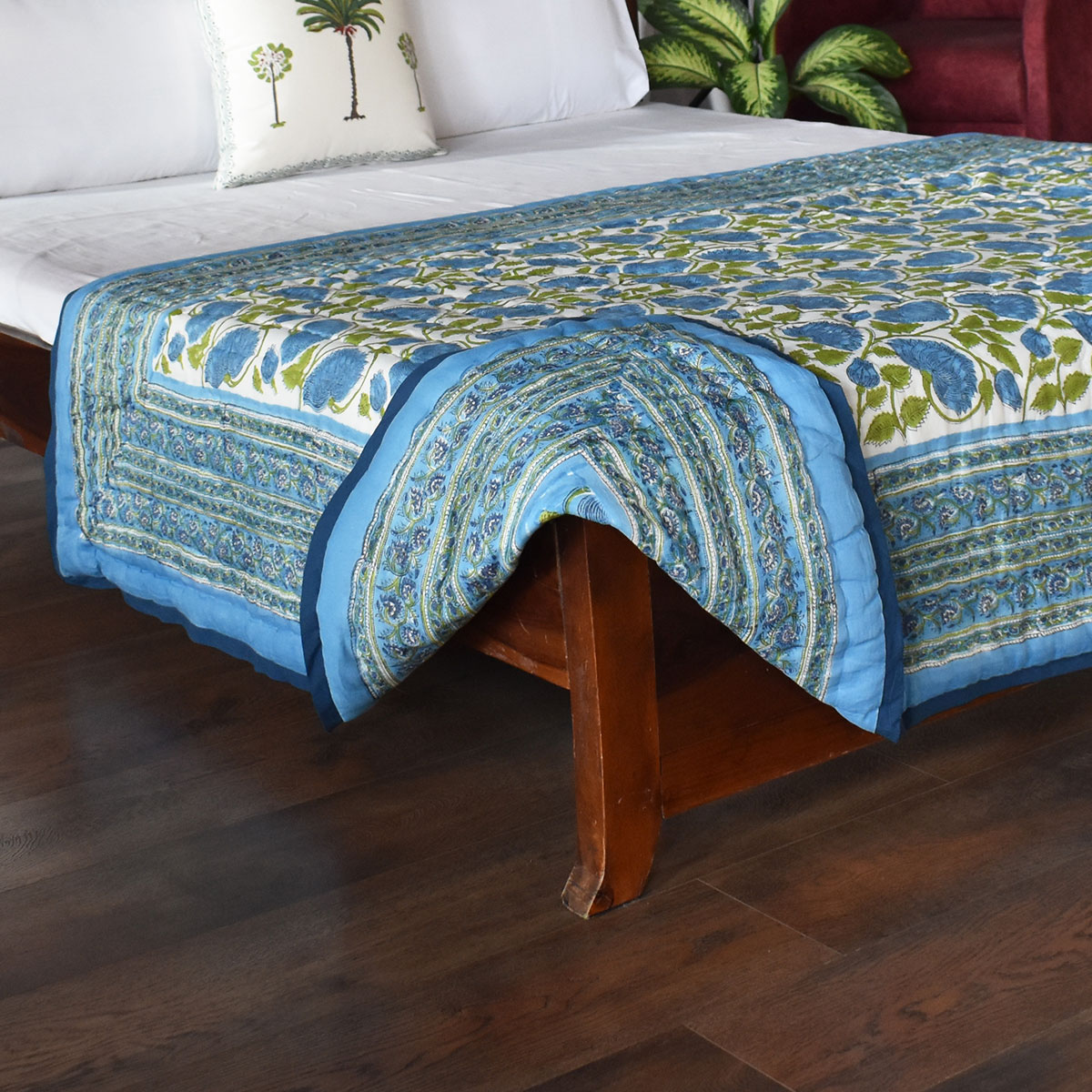 Hand Block Printed Cotton Twin Size Quilt Kamal Aqua 102028