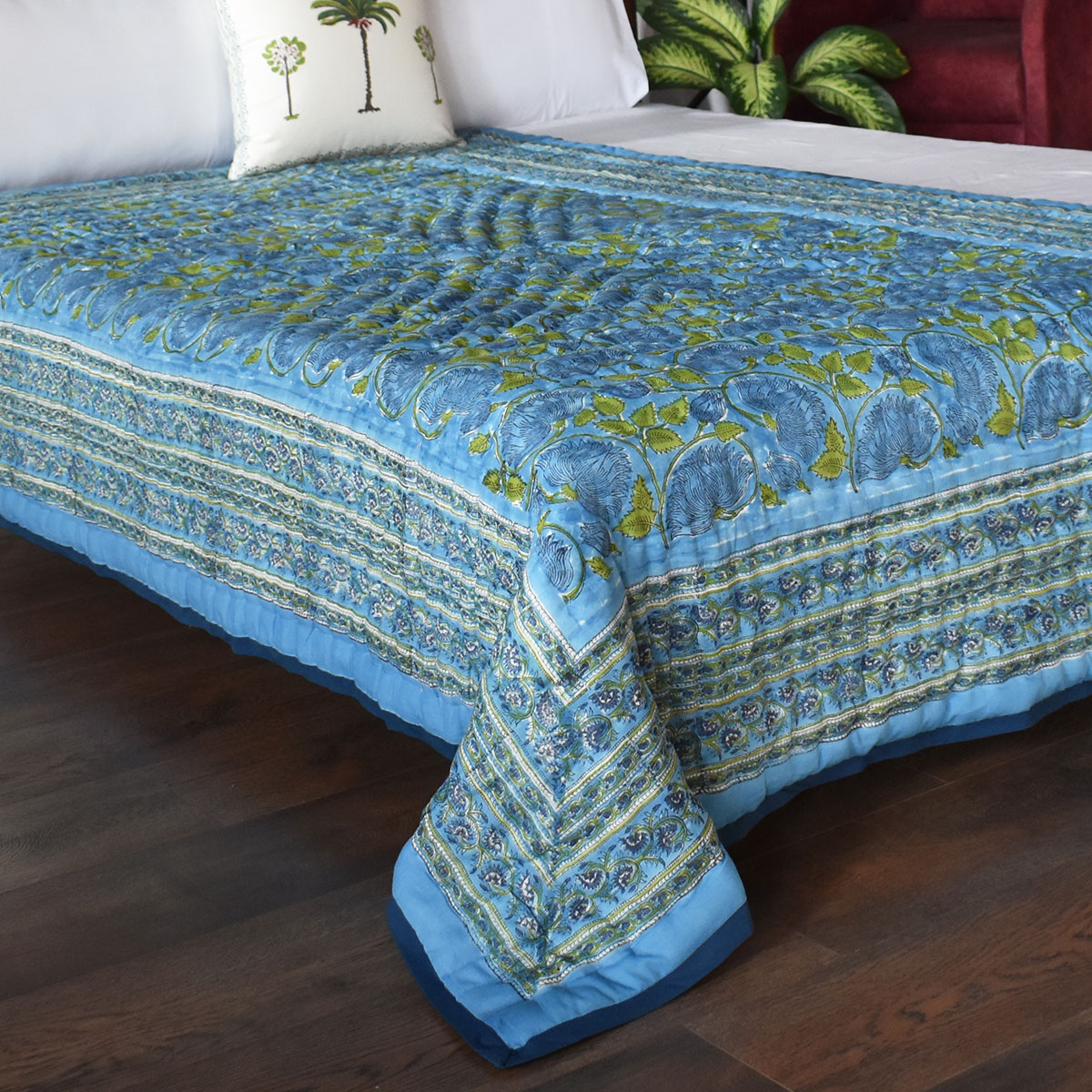 Hand Block Printed Cotton Twin Size Quilt Kamal Aqua 102028