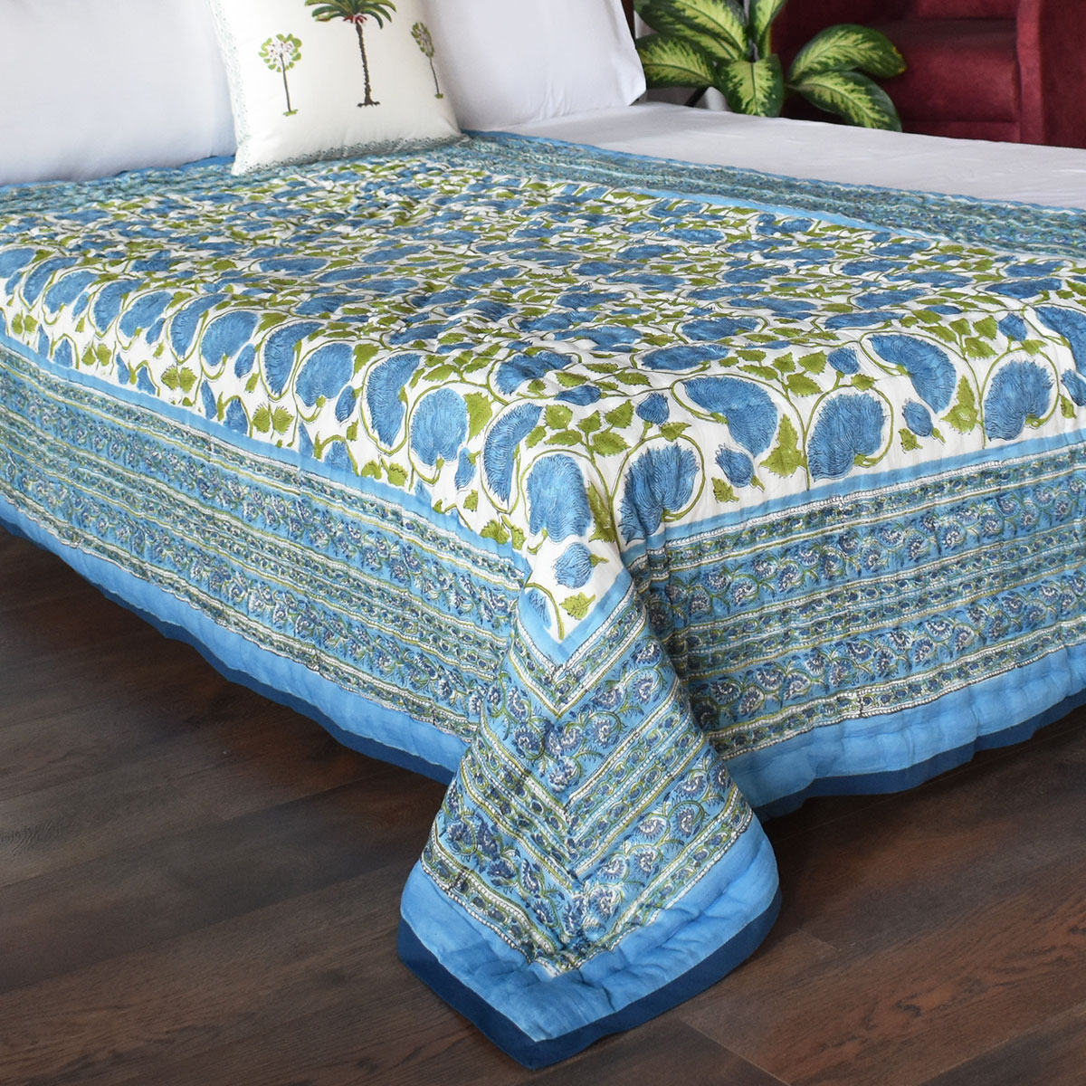 Hand Block Printed Cotton Twin Size Quilt Kamal Aqua 102028