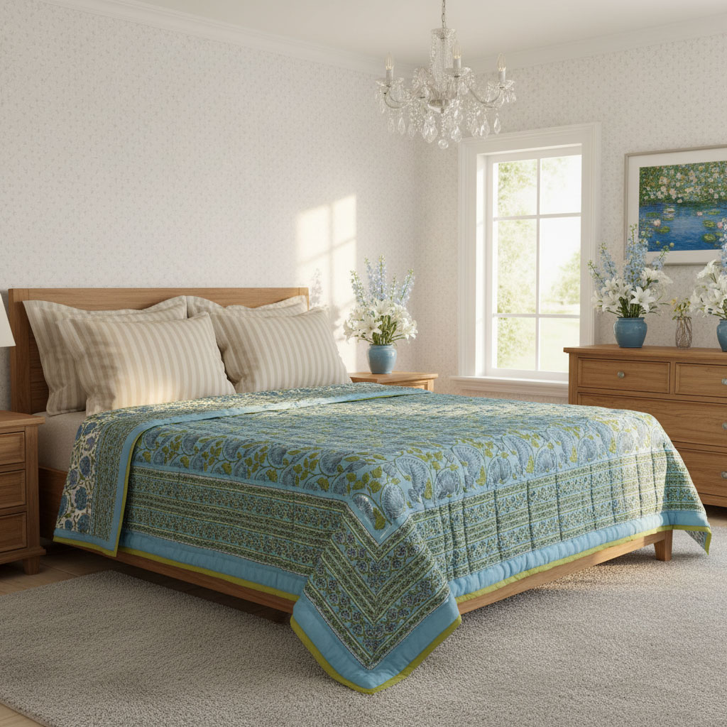 Hand Block Printed Cotton Queen Size Quilt Kamal Aqua 205309