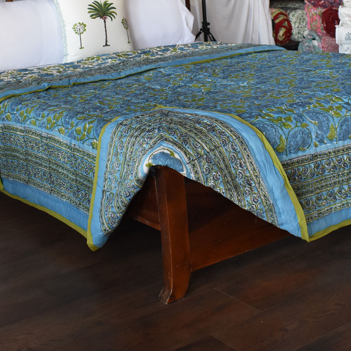 Hand Block Printed Cotton Queen Size Quilt Kamal Aqua 205309