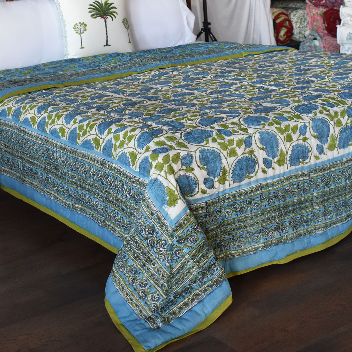 Hand Block Printed Cotton Queen Size Quilt Kamal Aqua 205309