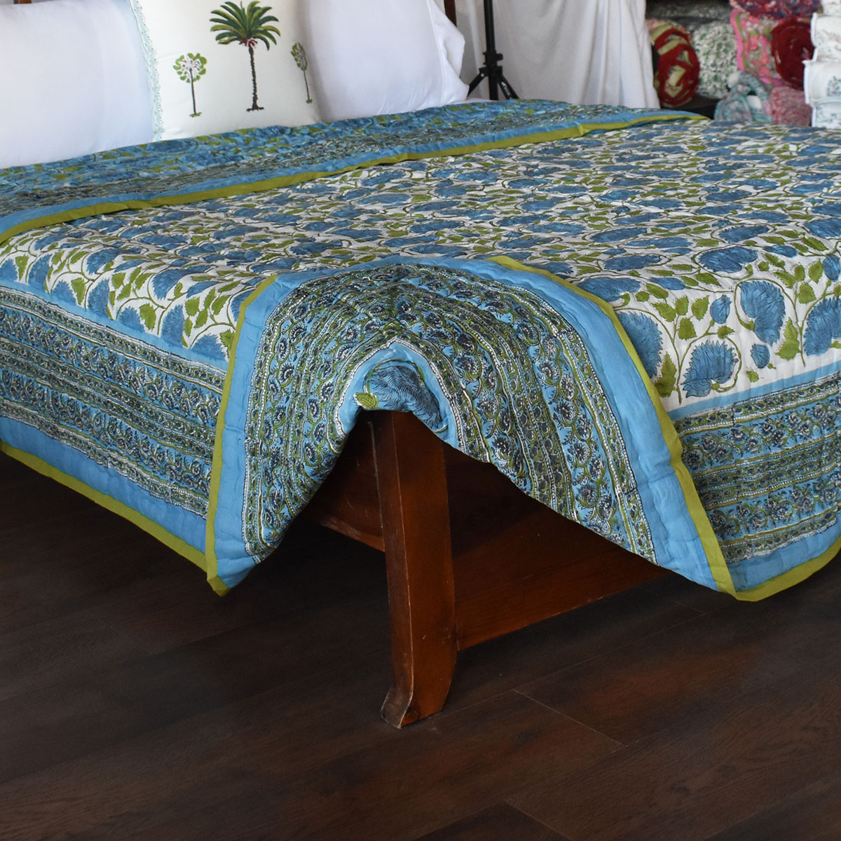 Hand Block Printed Cotton Queen Size Quilt Kamal Aqua 205309