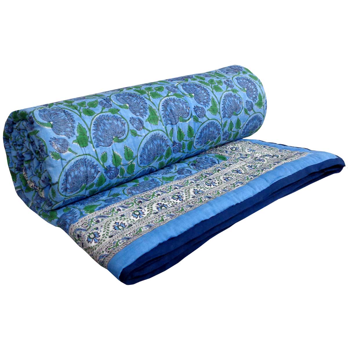 Hand Block Printed Cotton Quilt King Size  Kamal Aqua Gud 105995