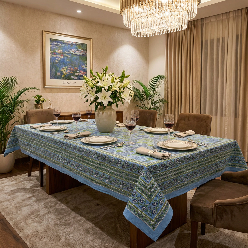 Wood Block Printed Handmade Tablecloth 150x220 cms Kamal Aqua Gud 105995