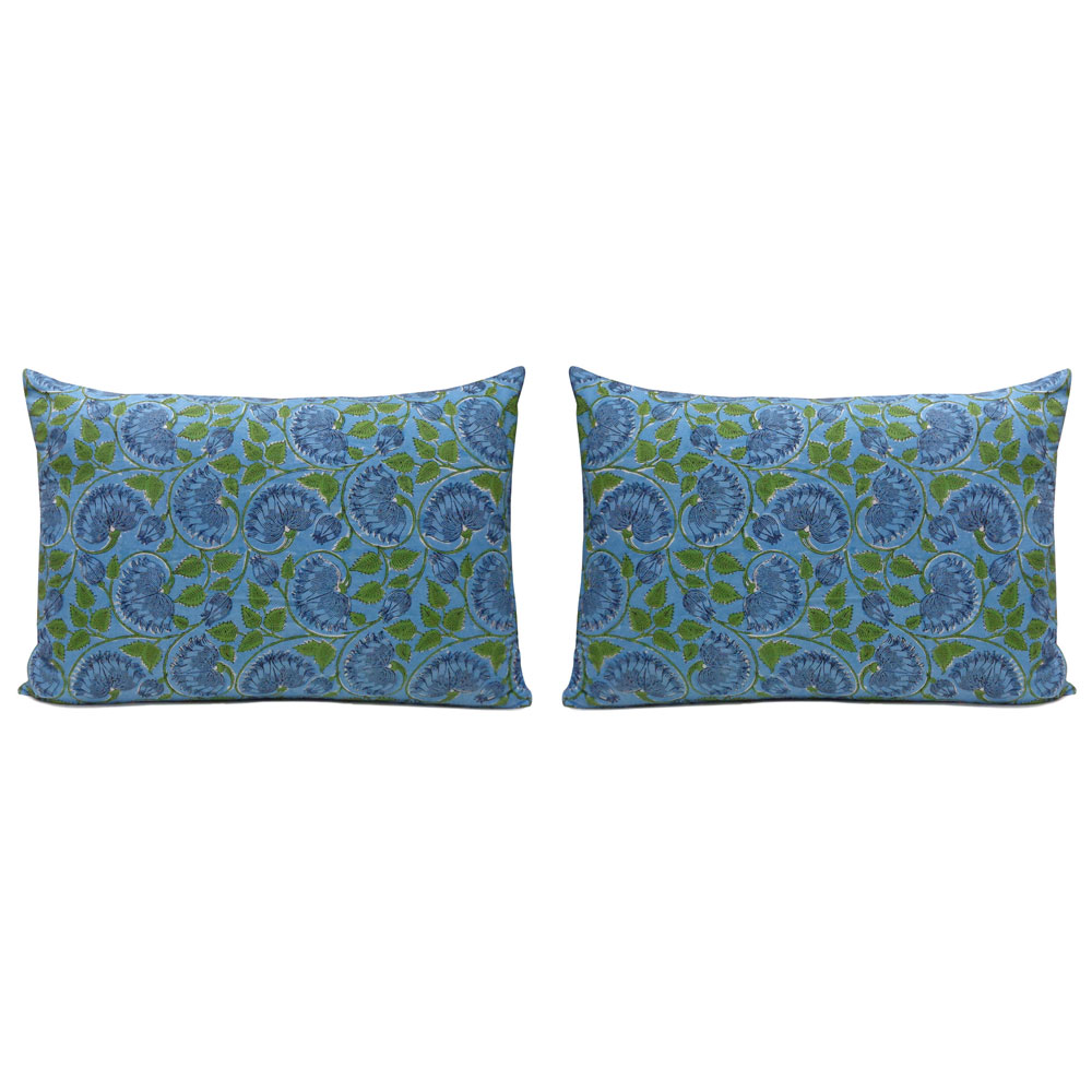 Hand Block Printed Cotton Pillows Cover 50x70 cm Set of 2 Kamal Aqua Gud 105995