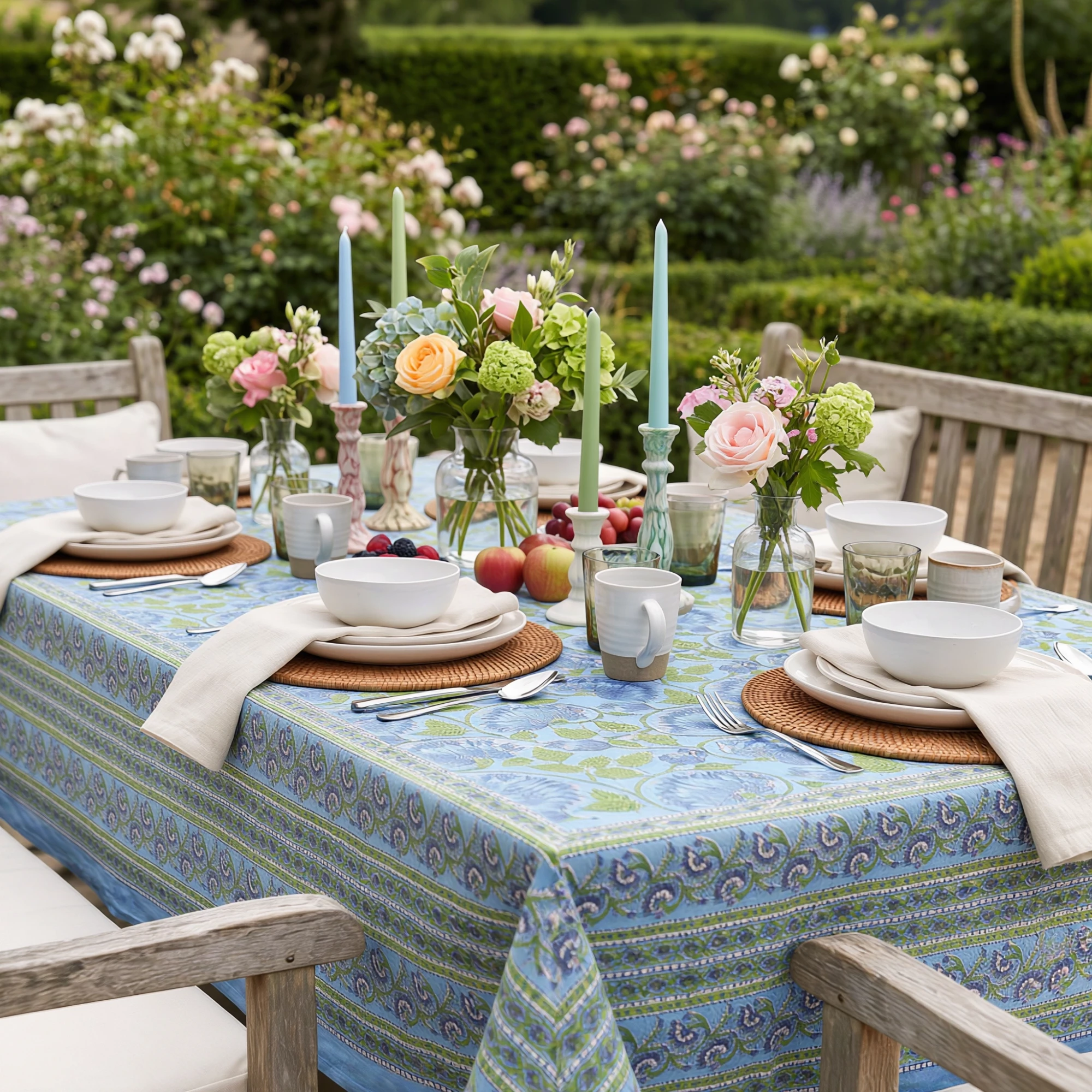 Wood Block Printed Handmade Tablecloth 150x220 cms Kamal Aqua Gud 105995