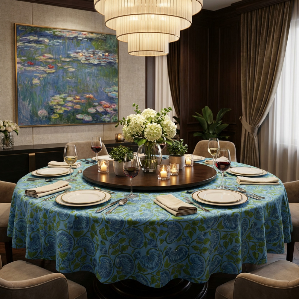 Image of Hand Block Printed Cotton Round Tablecloth 180 cms | Kamal Aqua Gud 106055