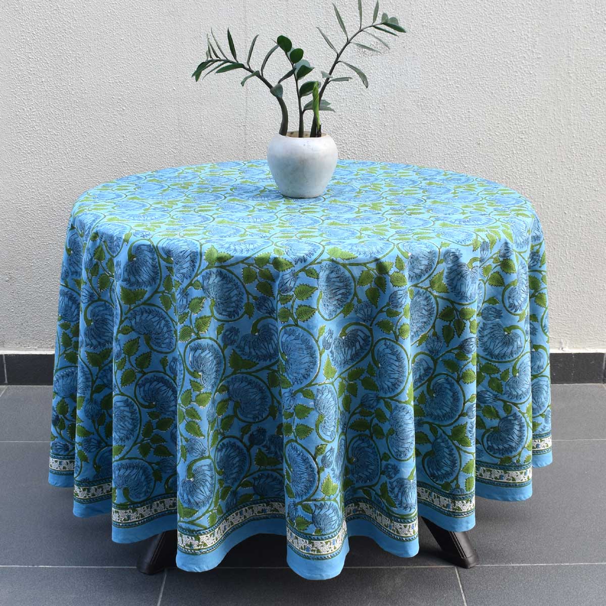 Hand Block Printed Cotton Round Tablecloth 220 cms Kamal Aqua Gud 106055