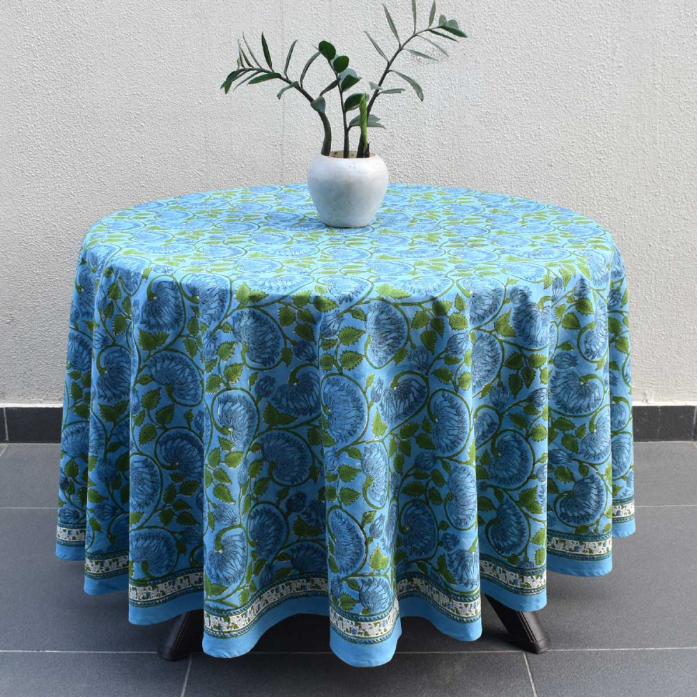 Image of Hand Block Printed Cotton Round Tablecloth 275 cms | Kamal Aqua Gud 106055