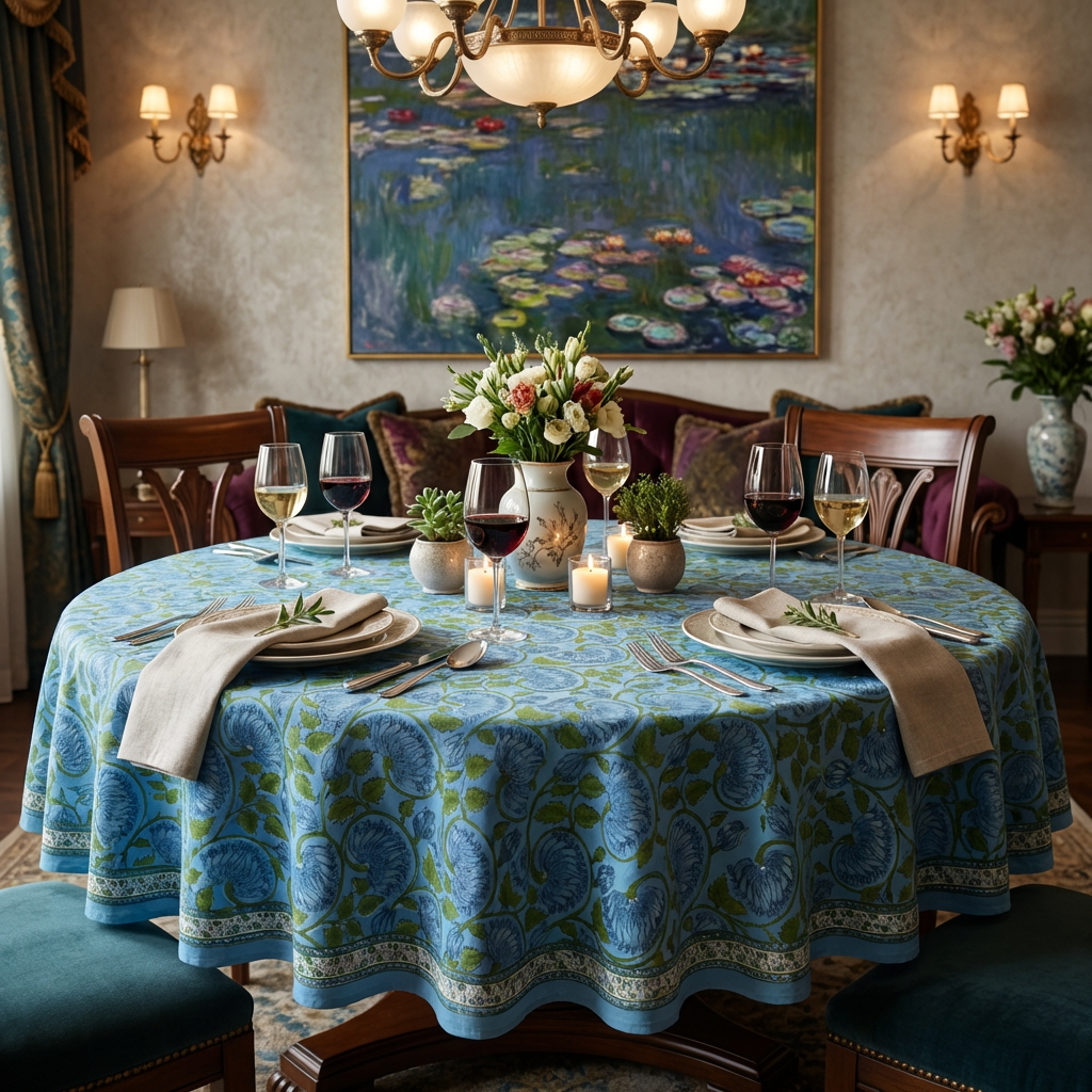 Hand Block Printed Cotton Round Tablecloth 220 cms Kamal Aqua Gud 106055