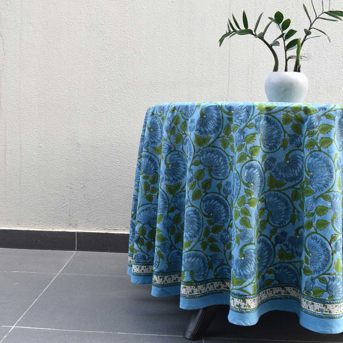 Hand Block Printed Cotton Round Tablecloth 275 cms Kamal Aqua Gud 106055