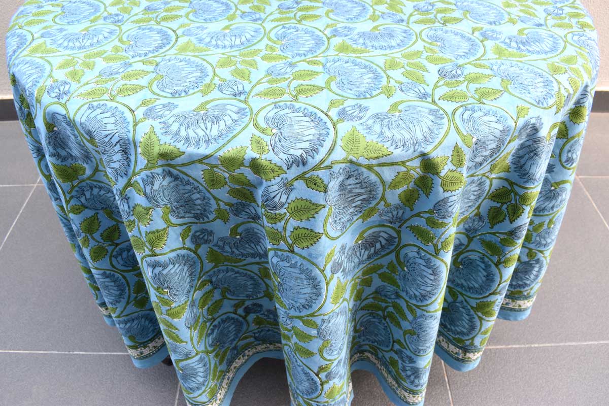 Hand Block Printed Cotton Round Tablecloth 220 cms Kamal Aqua Gud 106055