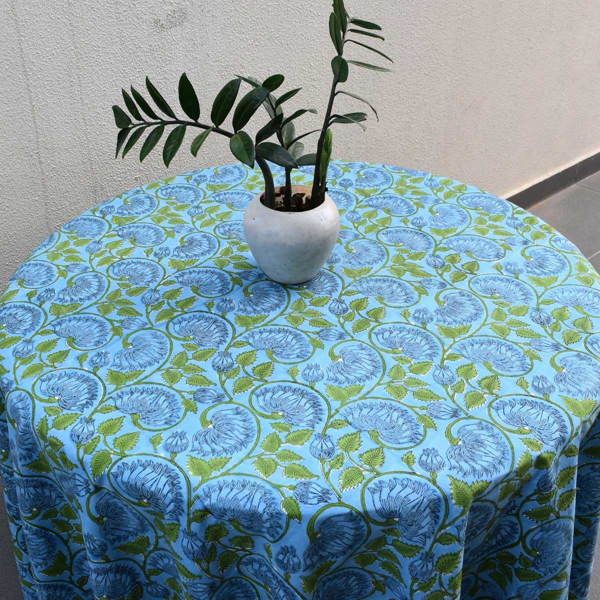 Hand Block Printed Cotton Round Tablecloth 180 cms Kamal Aqua Gud 106055