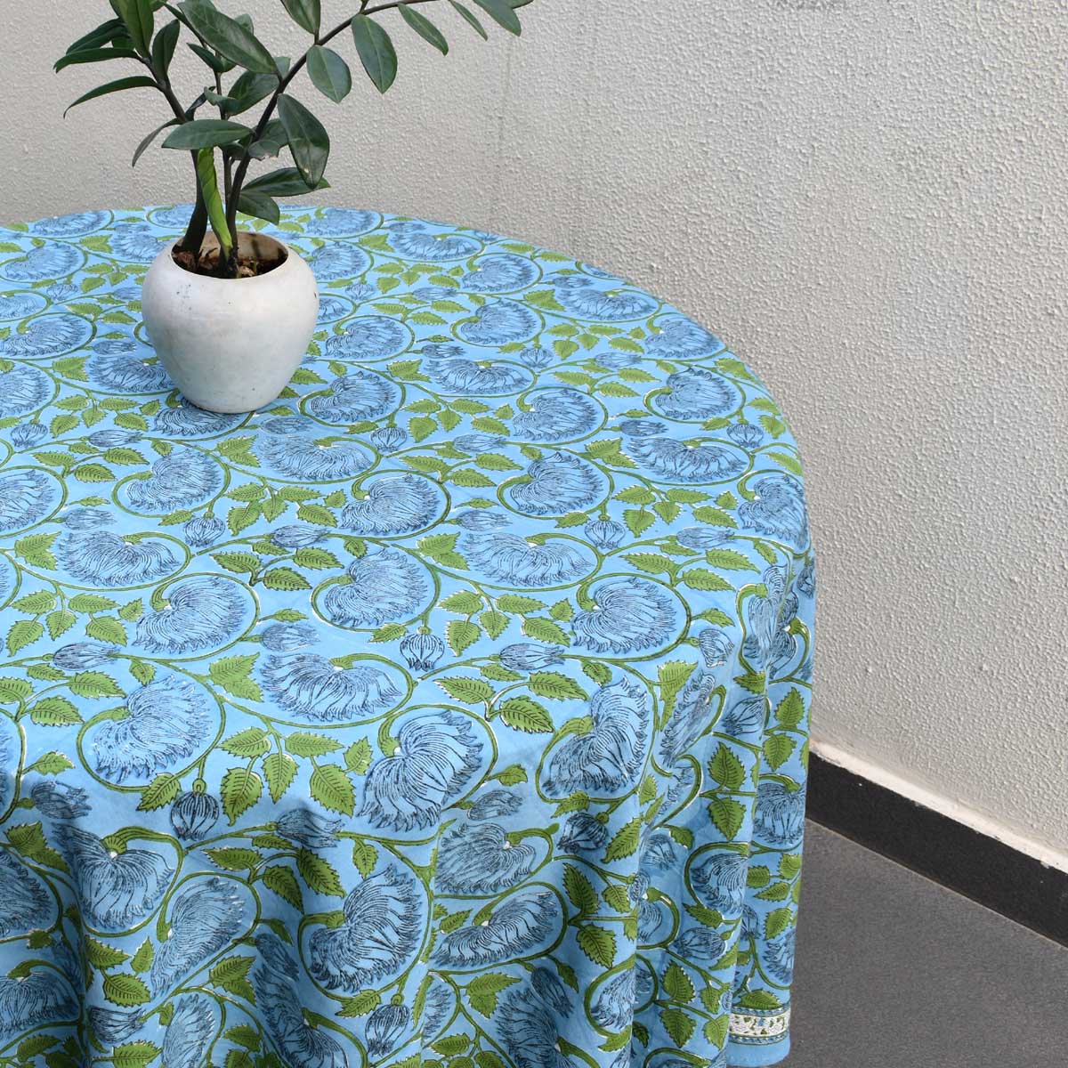 Hand Block Printed Cotton Round Tablecloth 220 cms Kamal Aqua Gud 106055